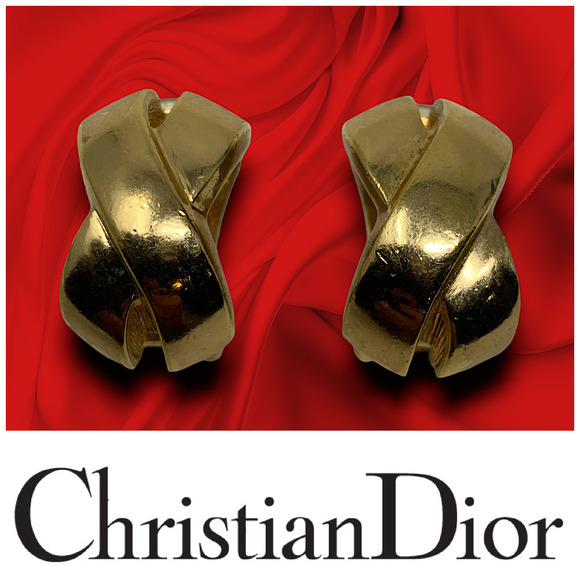 Vintage 1980's Christian Dior Gold Tone X Clip On Earrings Couture Runway Chunky - Picture 1 of 7